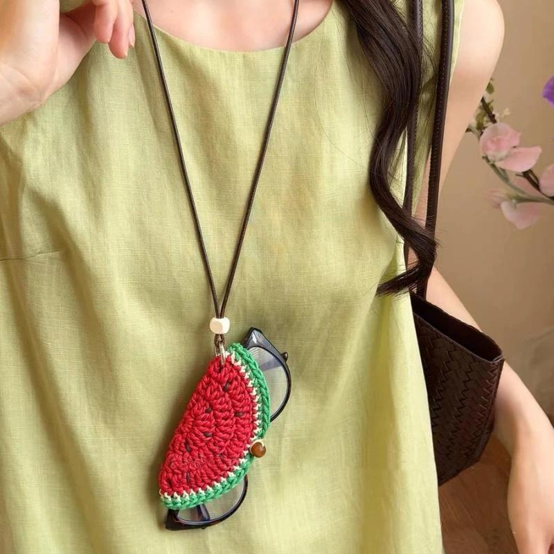 1Pcs Dopamine-Woven Fruit-Shaped Sunglasses Holder Necklace For Women - Summer Sunglasses Storage Pouch With Long Hanging Strap
