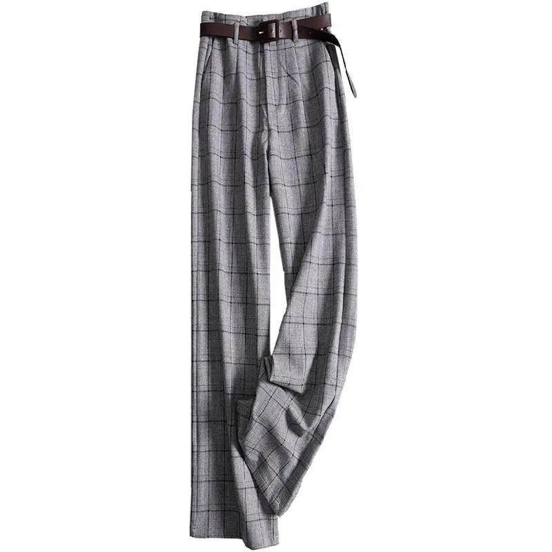 

Женские расклешенные брюки больших размеров, свободные повседневные длинные брюки в клетку, роскошные дизайнерские женские брюки с поясом S