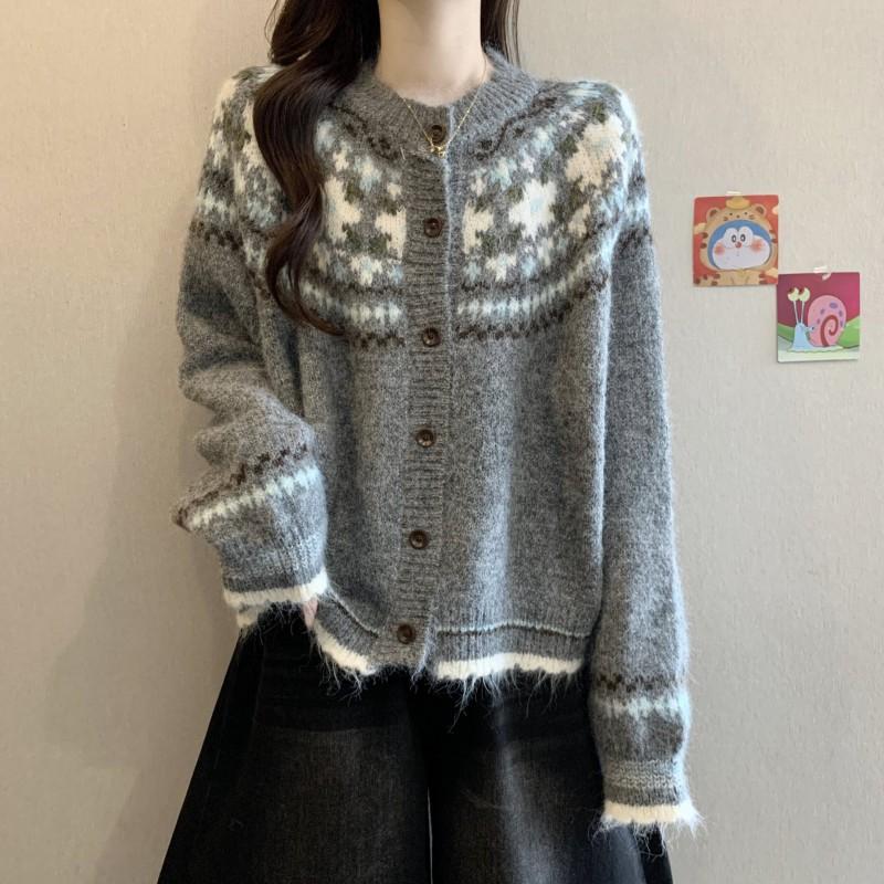 2026 Womens Oversized Knit Cardigan Long Sleeve Crew Neck Warm Thick Fair Isle Sweater Winter