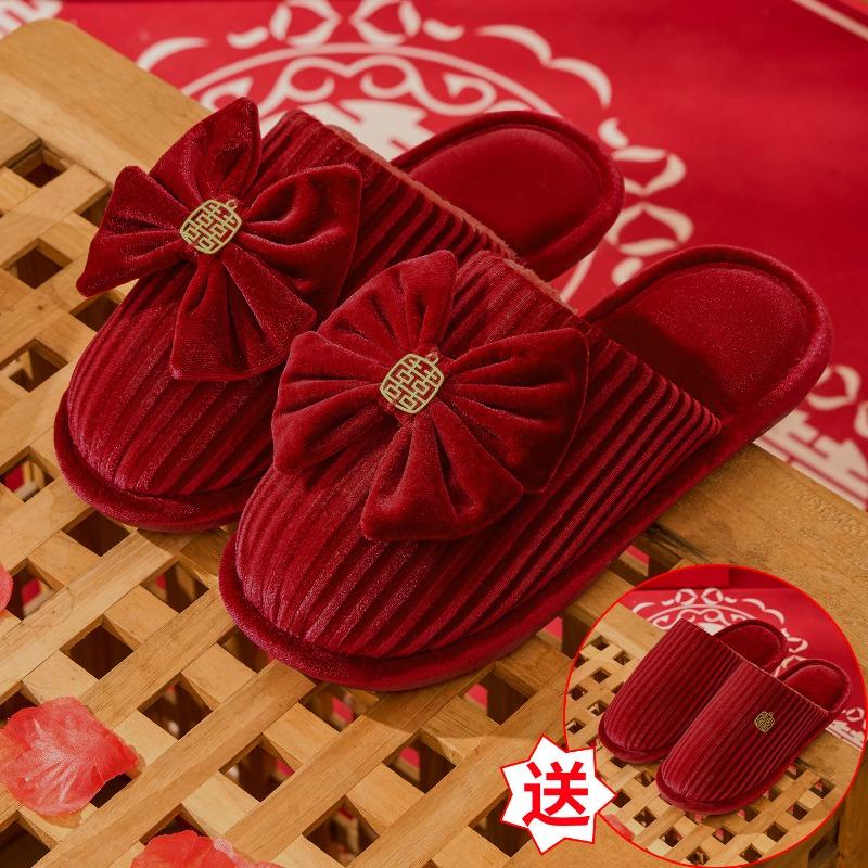 Wedding slippers newlywed couple style groom and bride dowry festive red pair of winter light luxury wedding shoes