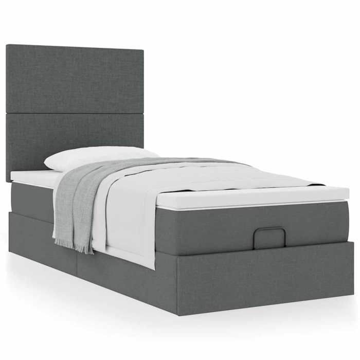 Cadre de lit avec matelas - 90x190 cm - Tissu gris foncé - Rangement sous le lit - Mécanisme hydraulique