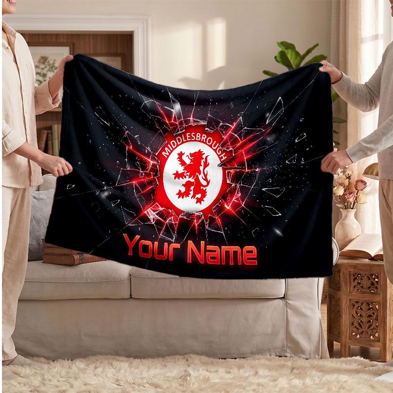 Couverture polaire personnalisée Middlesbrough FC avec logo de football, texte de nom personnalisé, couverture jetée douce et chaude pour la maison