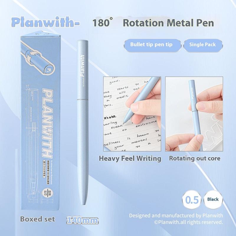 Planwith Rotating Metal Pen 0.5mm Aluminum Alloy Ballpoint Gel Pen 180° Anti-Roll Design Smooth Writing Office School Supplies