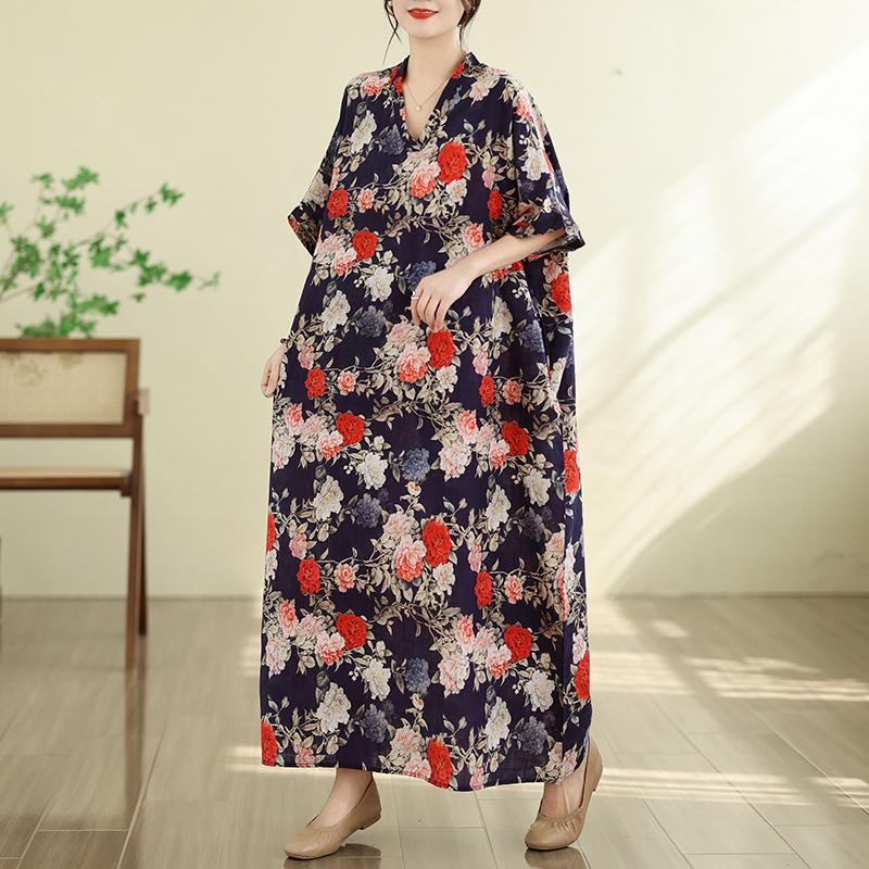 DIMANAF New 2026 Women Plus Size Summer Beach Long Dress Cotton Loose Oversize Casual Lady Maxi Vintage Print Sundress