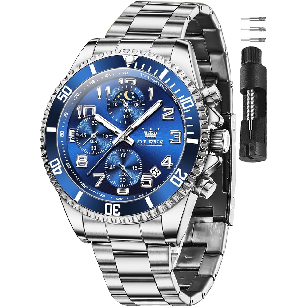 OLEVS Men s Analog Quartz Watch Silver Waterproof Date Business Chronograph Large Dial Metal Band