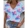 Summer V-neck 3D Flower Themed Pattern Printed Top Fashionable Casual Short Sleeved Women's T-shirts