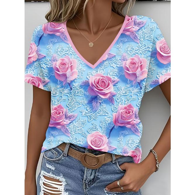 Summer V-neck 3D Flower Themed Pattern Printed Top Fashionable Casual Short Sleeved Women's T-shirts