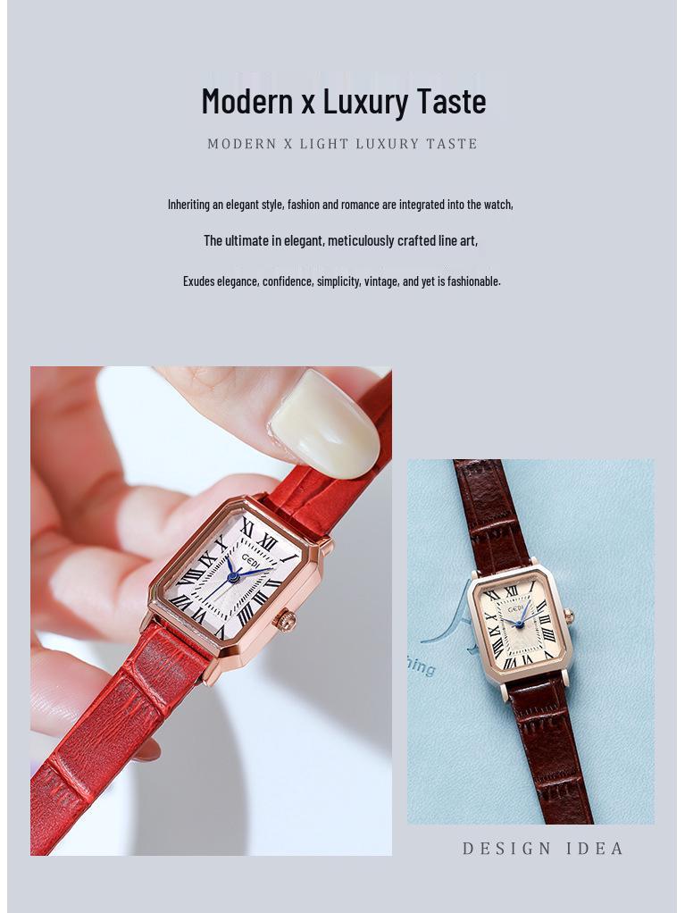 Gedi Retro Small Square Dial Ladies Waterproof Leather Strap Quartz Watch