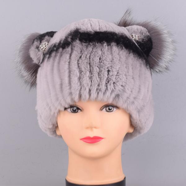 

Черная меховая шапка вязаная зимняя женская для девочек из натурального кролика рекс теплая шапка с ушками лиса бриллиант стильная модная женская меховая шапка One Size