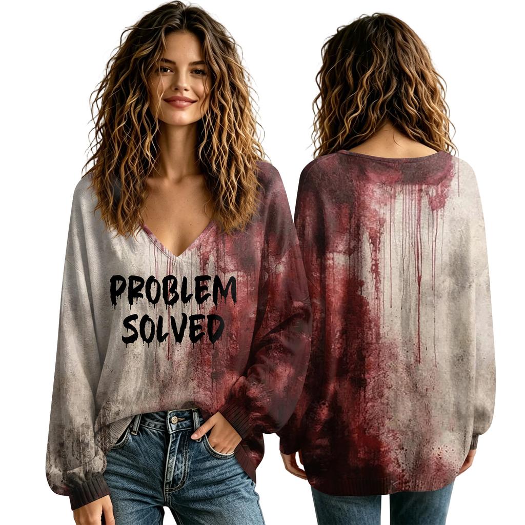 Women's V-Neck Halloween Shirt for Fall, Seasonal Top for Ladies