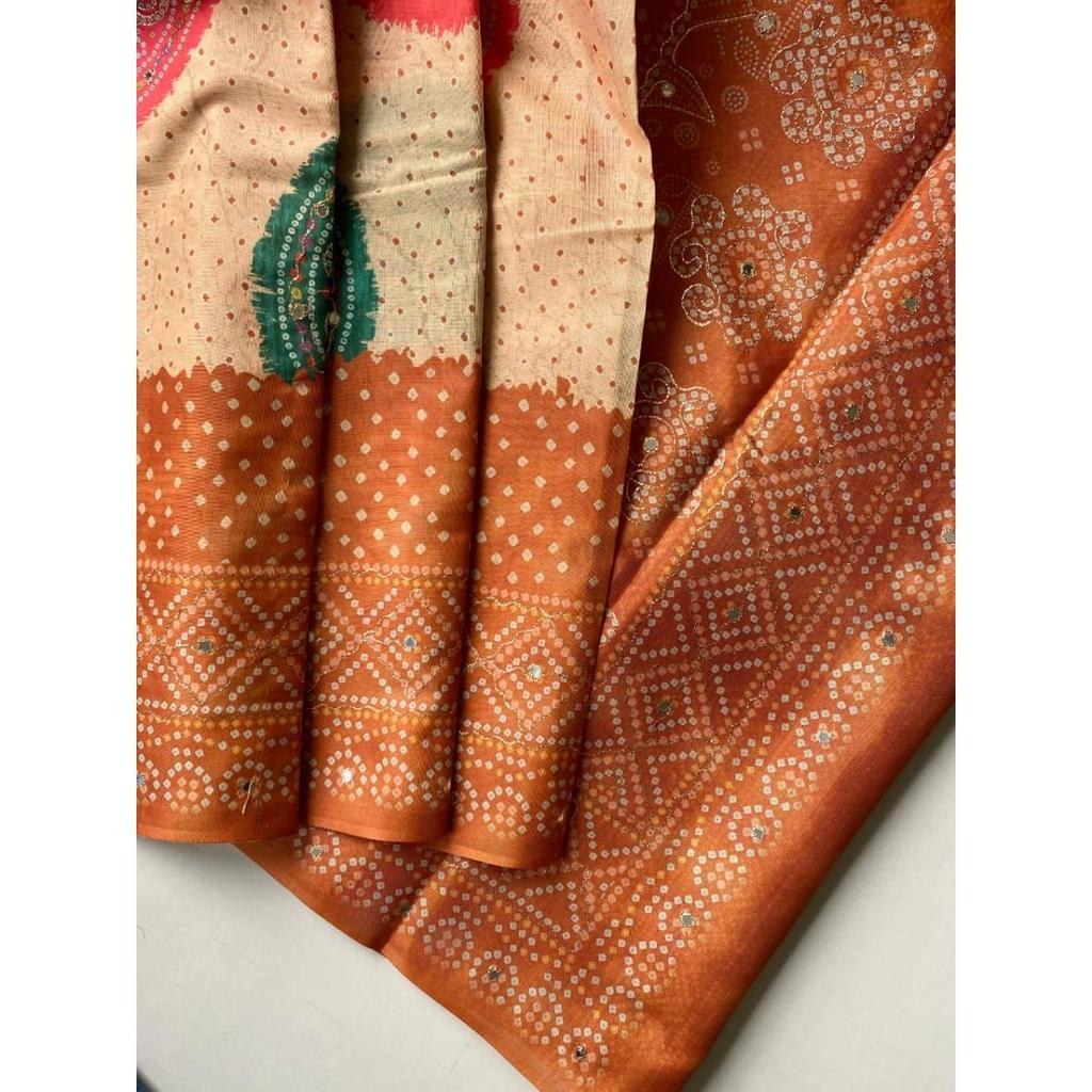Tissue silk weaving sarees with multi-layared bandhani prints all over the saree, Blouse (Need To Be Stitched As Per Size And Fit)