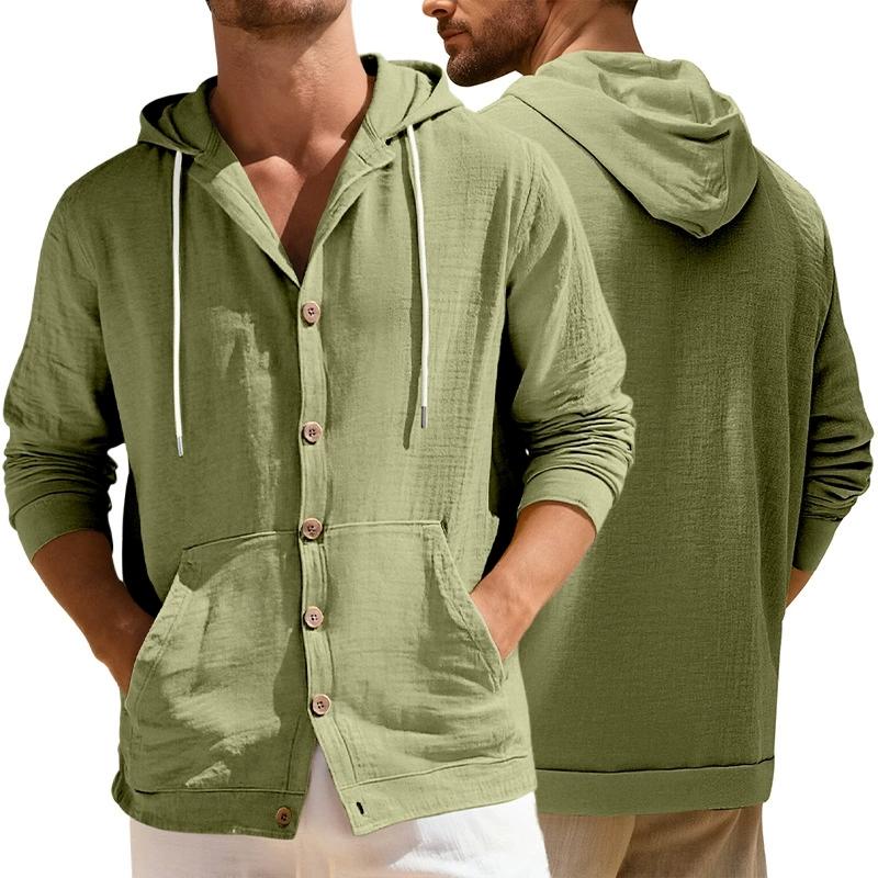 Men's Linen Shirt Solid Streetwear Long Sleeve Hoodie Cardigan Clothing for Men Button Tops Casual Loose Men Hooded Shirt