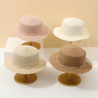 Beach Hat Wide Brim Flat Top Imitation Pearls Trim Tulle Bow Decor Straw Hat Lightweight Breathable Sun Protection Hat