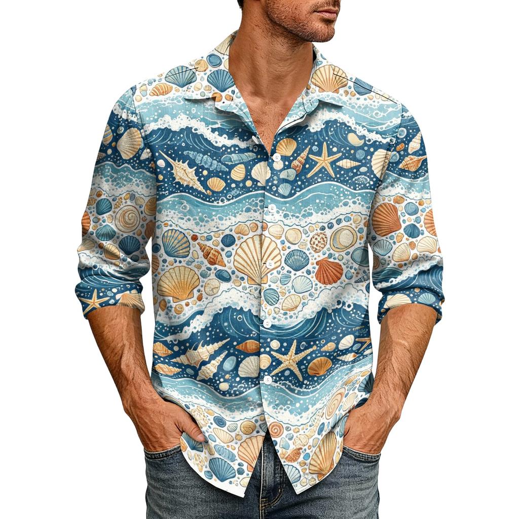 Men's Loose Fit Long Sleeve Shirt Hawaiian Style Retro Casual Button Down Shirt with Spread Collar Suitable for Spring and Autumn Wear