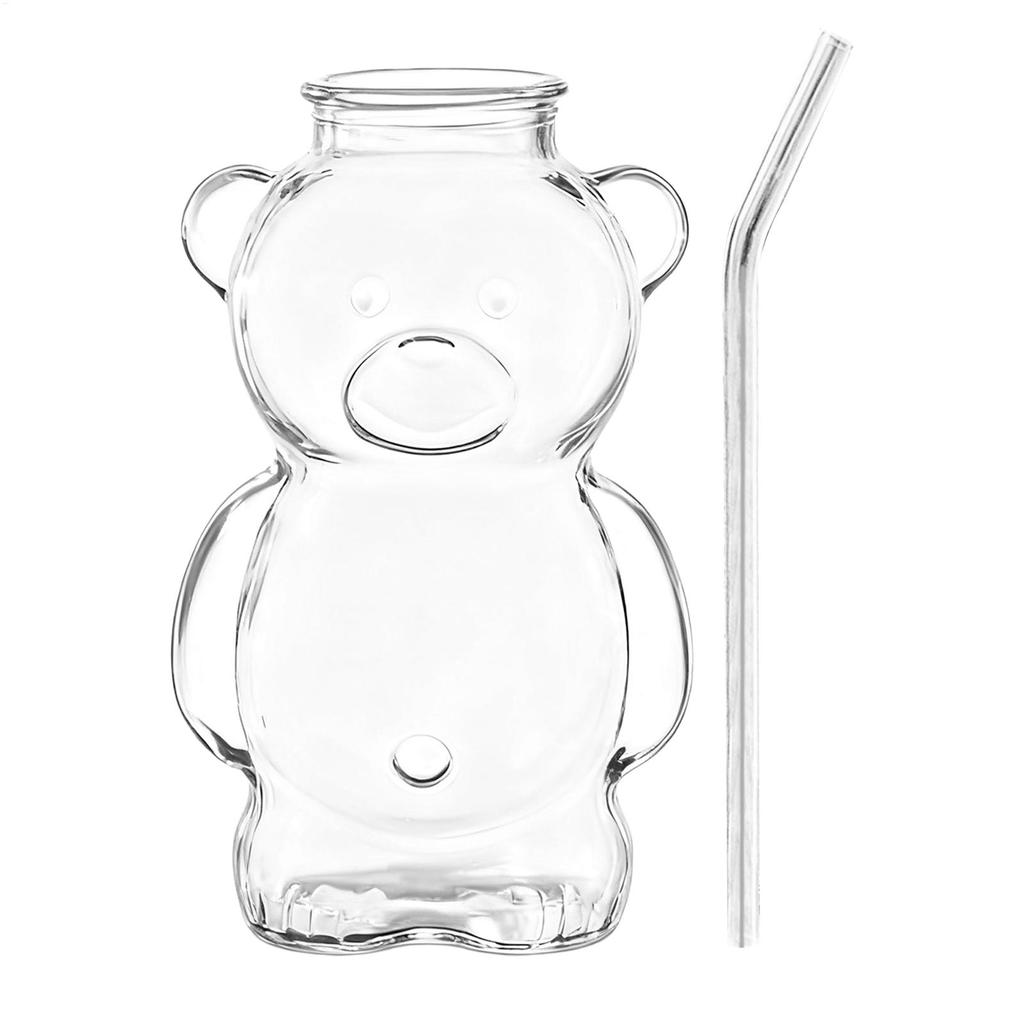 320ml Cute Bear Shaped Coffee Mug Cartoon Bear Glass Cup with Straw Transparent Cup Birthday Drinkware Party Supplies