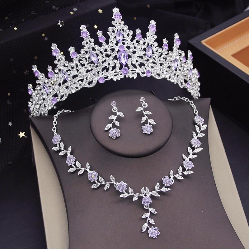 3 pcs Pink Bridal Jewelry Sets for Women Crown Flower Choker Necklace Earring Wedding Tiara Bride Costume Accessories