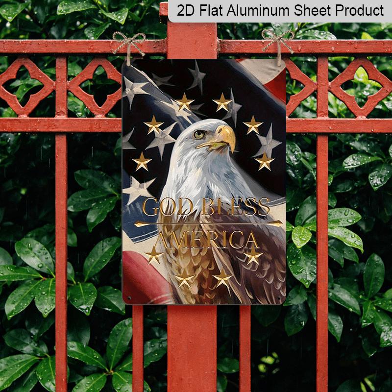 2D Flat Vintage Patriotic Metal Wall Decor - 4th of July USA Flag & Eagle Aluminium Sign with "God Bless America" Inscription, Durable Aluminium