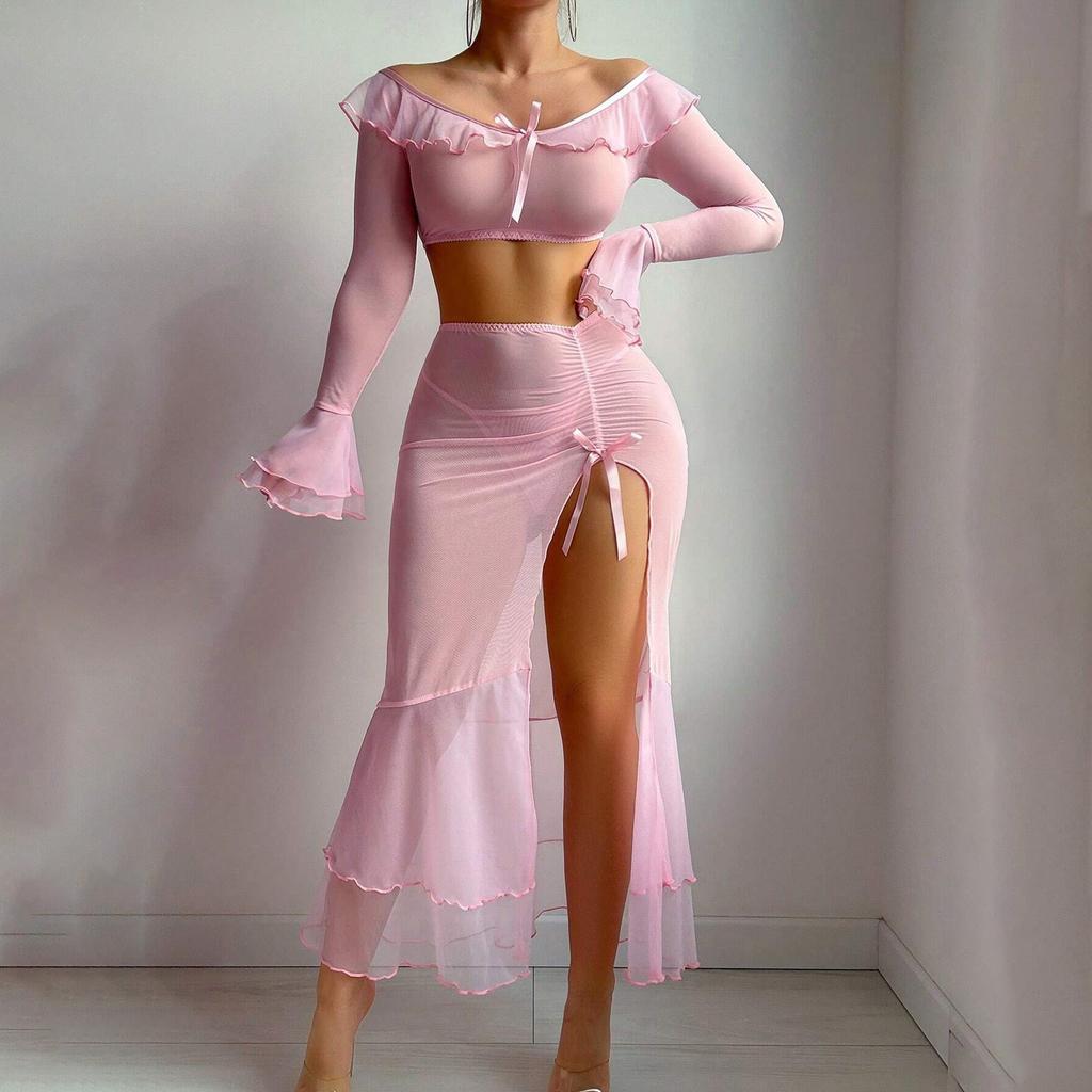 Lingerie Dress Perspective Sexy Mesh Erotic Underwear Set Split Split Split Hip Skirt