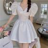 Women's Black Jacquard V-Neck Lantern Sleeve Summer Dress