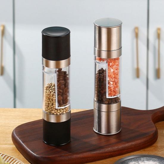 Salt And Pepper Grinder Double-Sided Spice Grinder 2 Compartments Adjustable Coarseness Transparent Spice Mill Easy Refill Spice Bottle for Kitchen