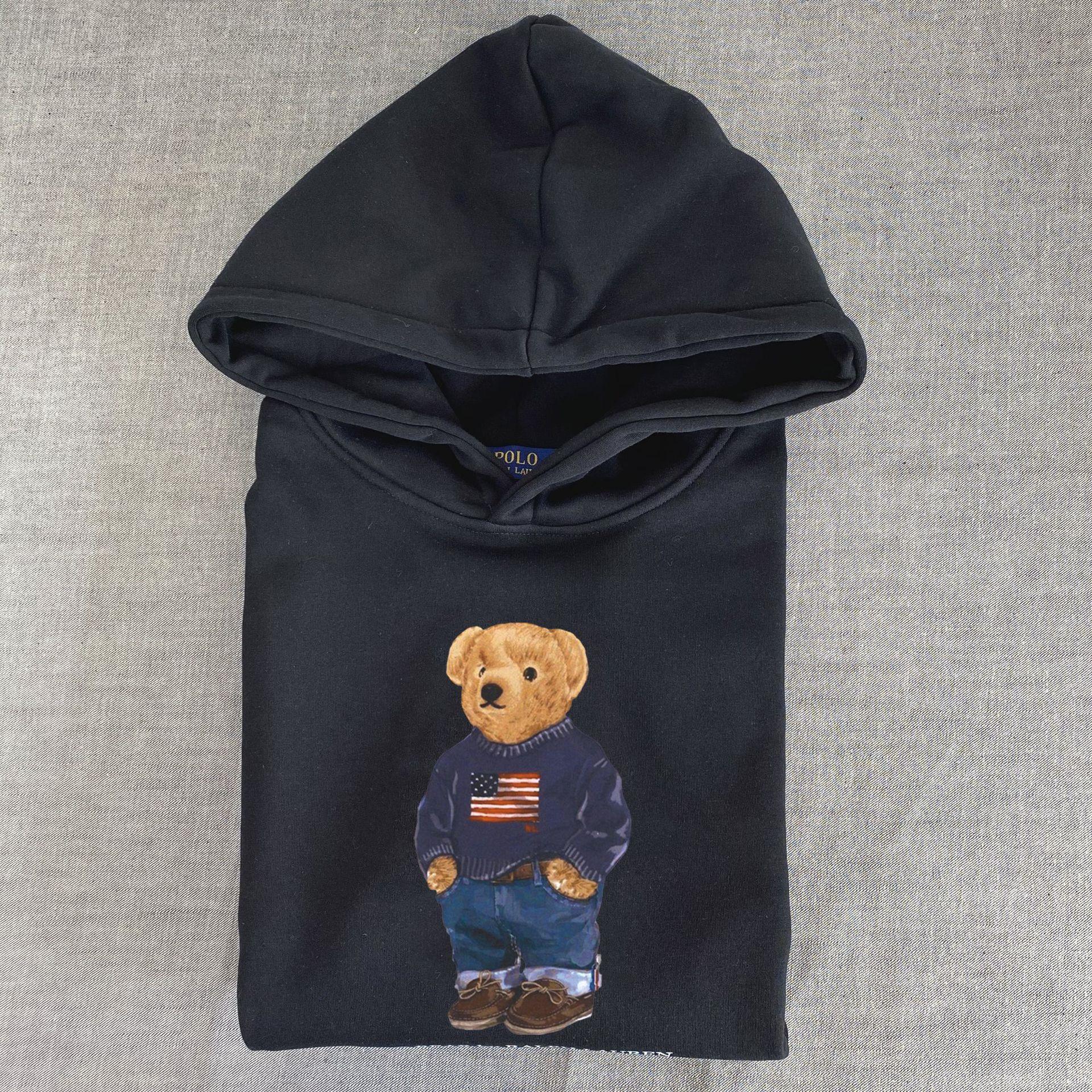Casual Dark Blue Cotton Hoodie with Bear Print - Unisex Long Sleeve Sweatshirt L