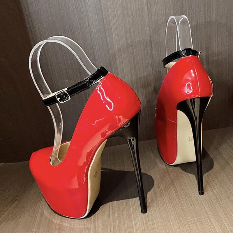 2025 New Black Red High Heels Women Pumps Spring Fashion Round Toe Buckle Strap Platform Stiletto Wedding Banquet Shoes