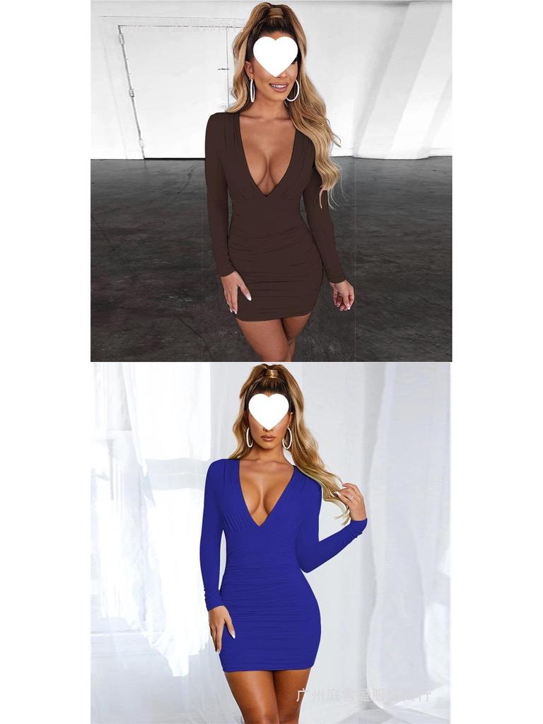 European Sexy Deep V Ruffled Bodycon Dress for Autumn/Winter
