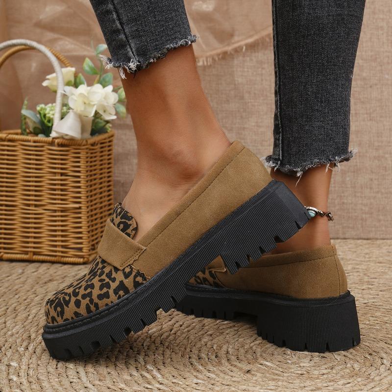 Women's Leopard Print Loafers New Platform Block Heel Fashion British Style Small Leather Shoes