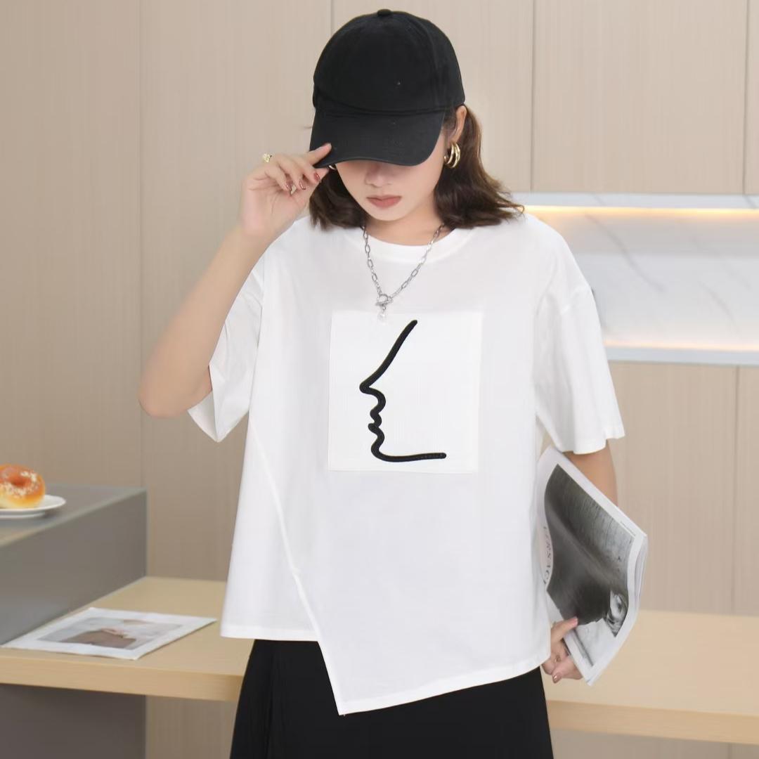 

DIMANAF 2025 Летняя хлопковая футболка женская с принтом асимметричная с коротким рукавом свободная One Size