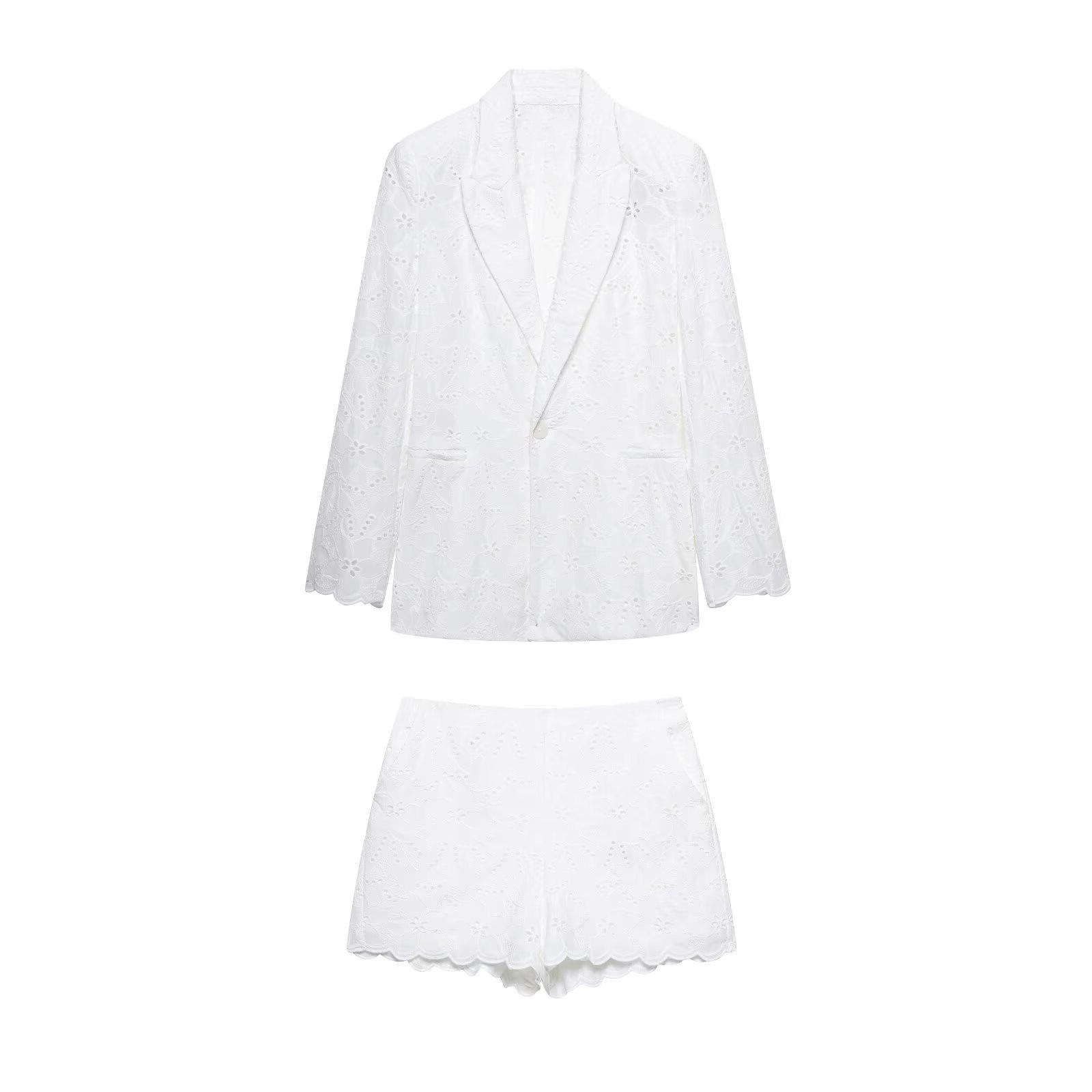 

TAOP&ZA Women s Summer Hollow Embroidery Suit: Elegant Fashion Jacket & Casual Shorts XS