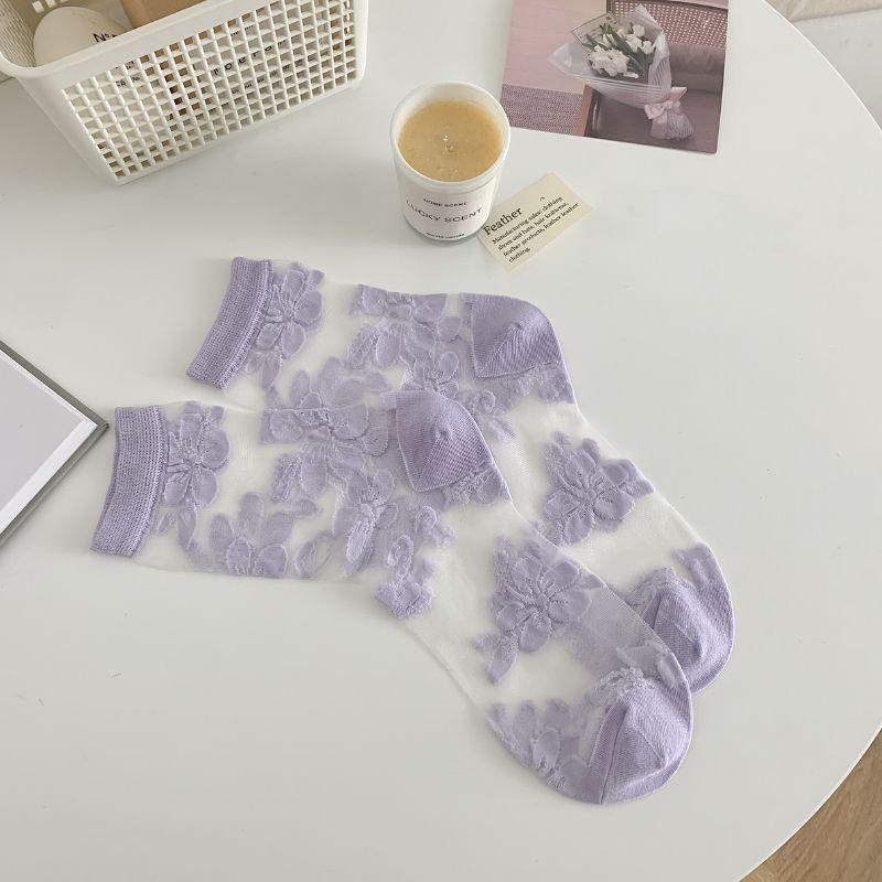 Women'S Socks Spring Summer Thin Cotton Socks Lace Flower Silk Fairy Stockings Hollowed Out Breathable Fashion Socks S