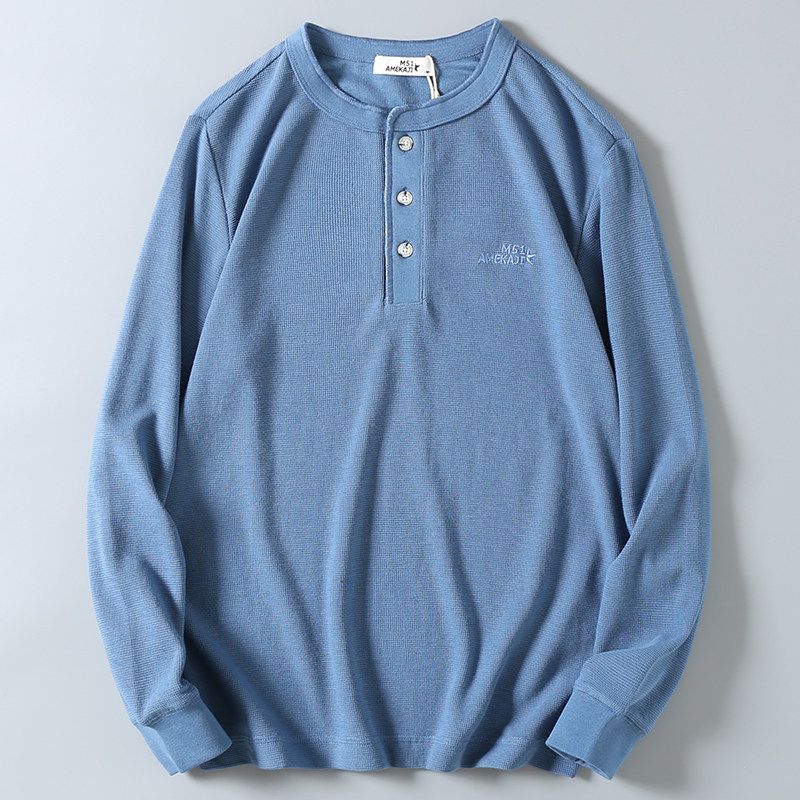Export American Style Casual Henry Collar Letter Embroidered Long Sleeve T-shirt Men's Spring and Autumn 240G Heavy Weight Waffle Bottoming Shirt
