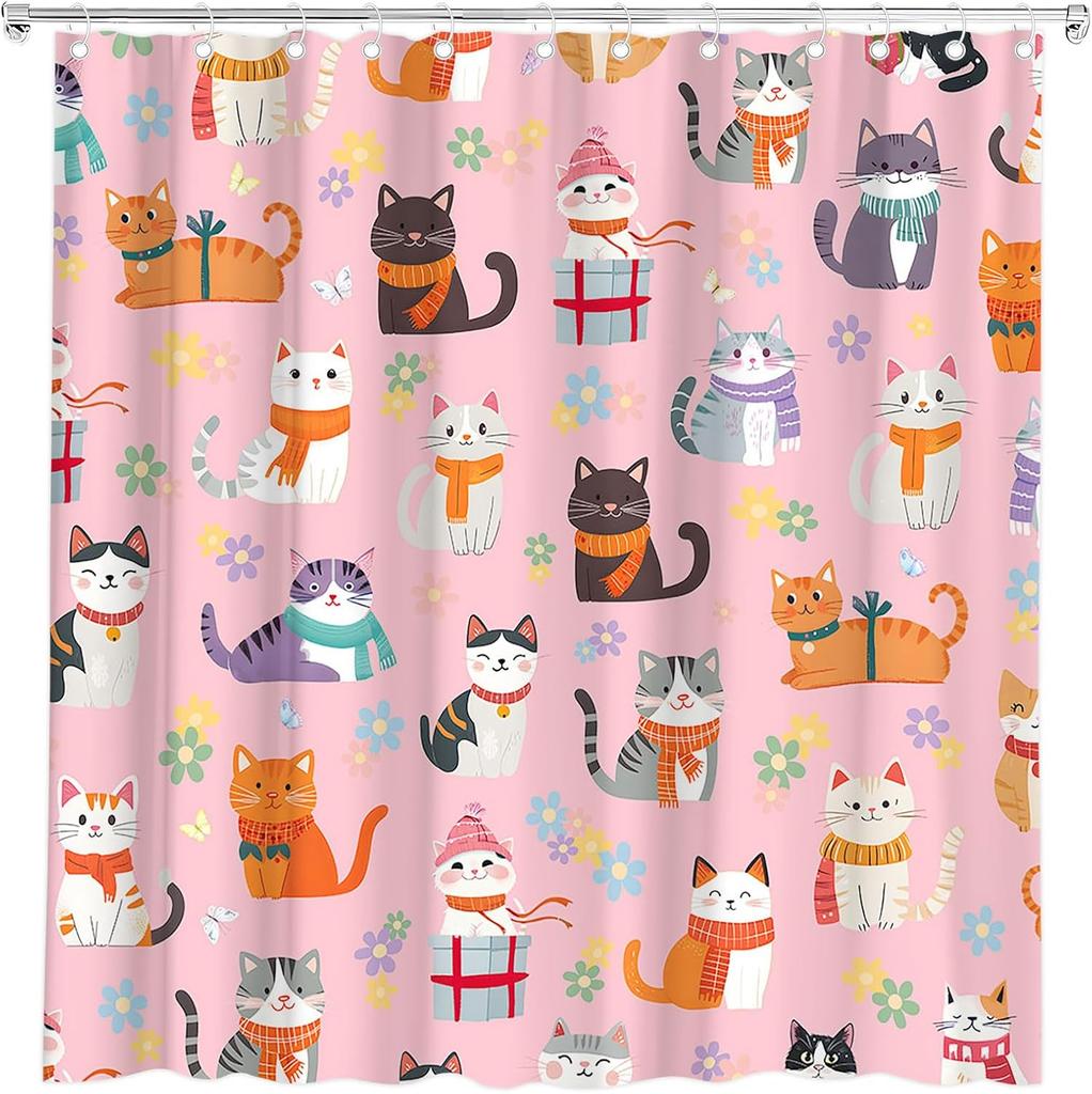 Lustiger Katze Duschvorhang Abstraktes Kätzchen Bunt Niedlich Floral Schmetterling Liebliche Haustiere Cartoon Tier Wildblume Modern Minimalismus