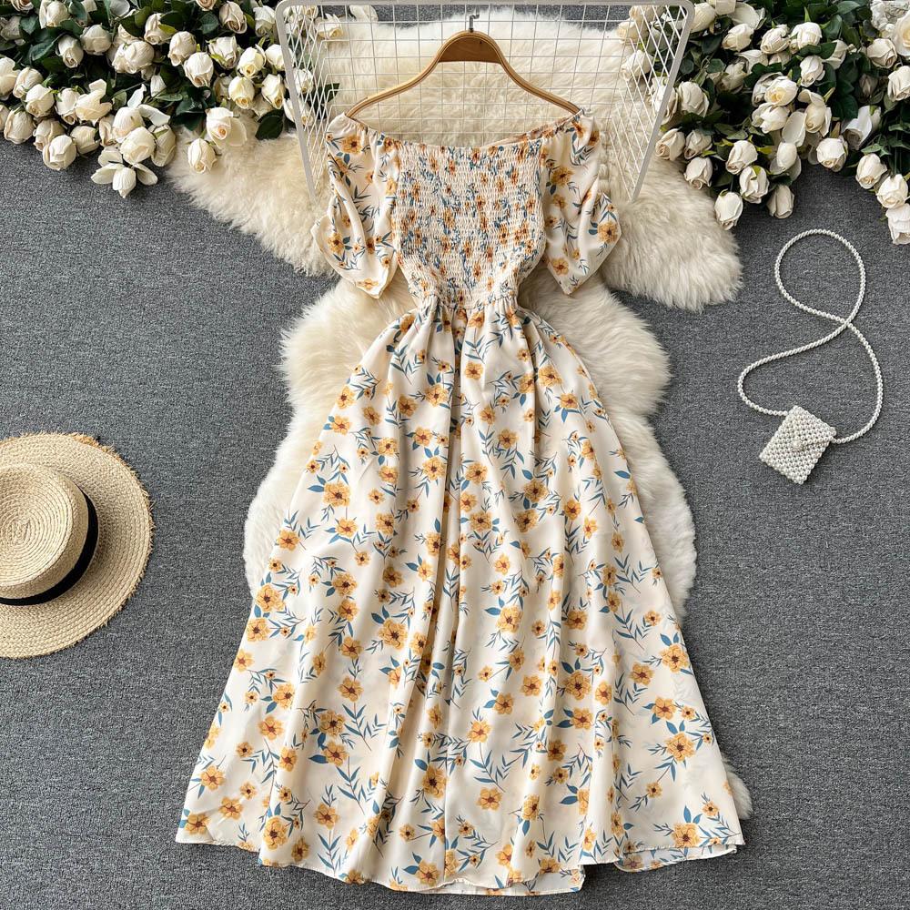 Blumenkleider Damen Sommer Französische Eustoma Ein Schulter Kurze Ärmel Teepause Schlitz Knielang Kleid