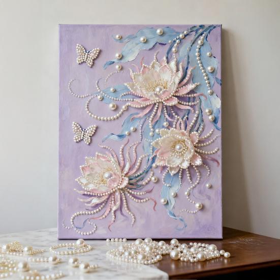 Faux Pearl Painting DIY Kit Easy Intuitive Craft Flower Pattern Painting with Pre-Printed Canvas