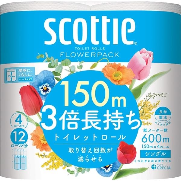 Scottie Flower Pack 3x Longer Lasting Toilet 4 Rolls Single Bulk Paper, White, (150m), Ply, Purchase.