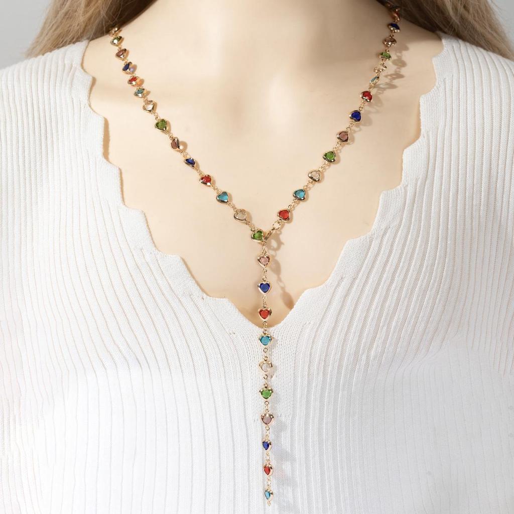 Cross-Border French Style Long Diamond Tassel Heart Choker Necklace for Women