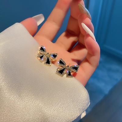 925 Silver Needle Black Sparkling Diamond Bow Earrings Trendy Small Light Luxury Earrings Premium Earrings