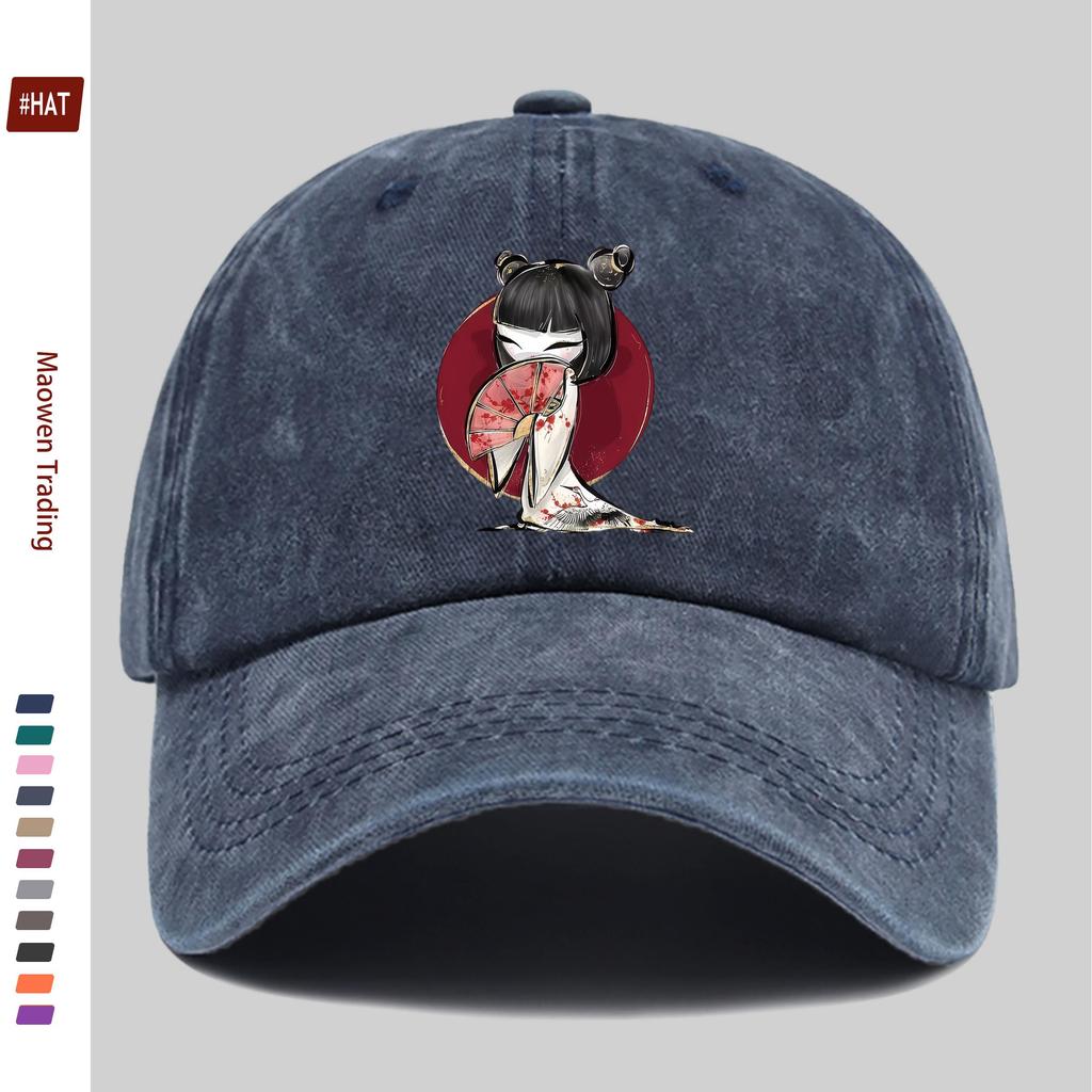 pc Cute Japanese Style Handheld Folding Fan Print Baseball Cap with Cartoon Cherry Blossom Print Design Sun Hat Comfortable Lig