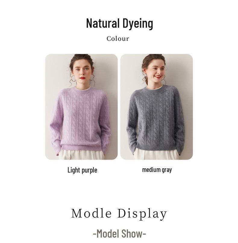2025 A/W Cashmere Cable Knit Round Neck Sweater with White Trim