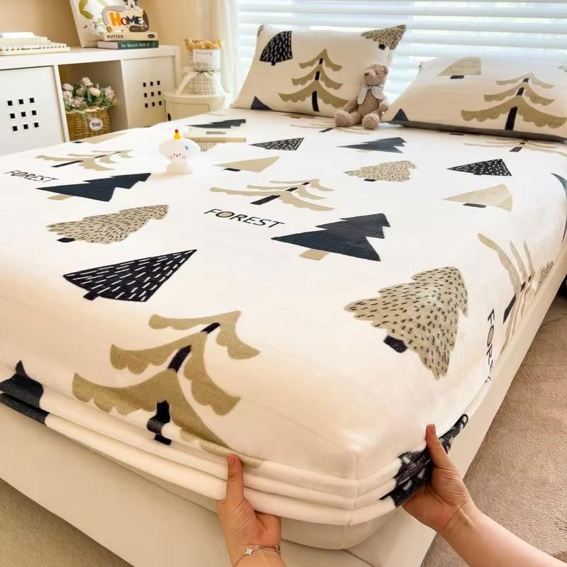 WOSTAR Couple luxury double bed fitted sheet elastic mattress protector cover 180x200 warm coral fleece winter thick bed linens