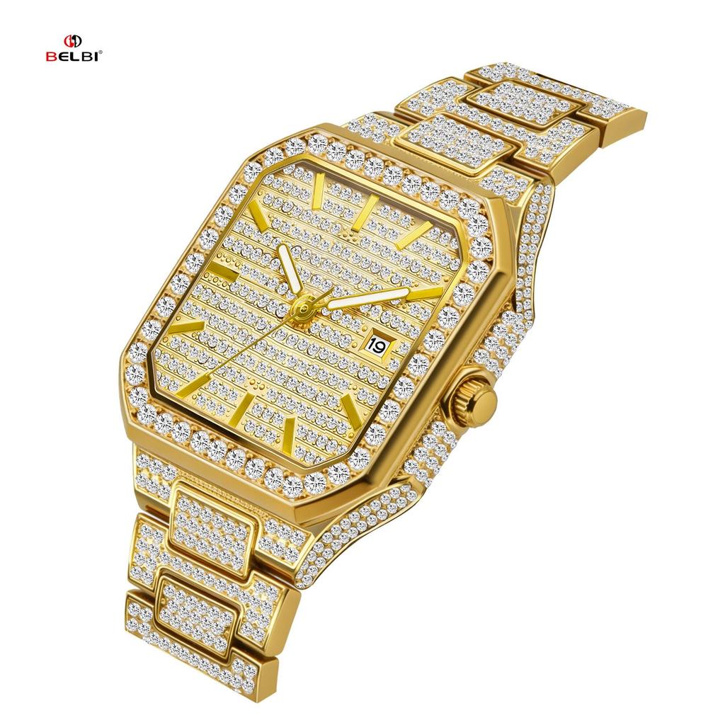 Iced Out Full Diamond Watch Men's Hip Hop Luxury Wrist Watch Rhinestone Dial Square Quartz Watch Waterproof