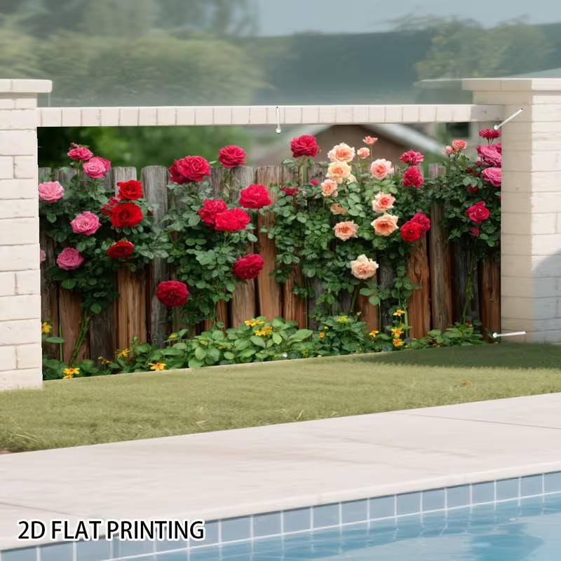2D Romantic Rose Vine Fence Backdrop, Natural Garden Scene Garage Door Cover for Party Decoration