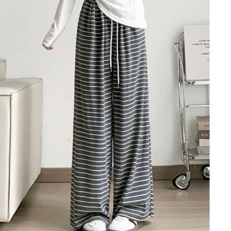 Neue lässige Hose mit hohen Bund und schwarz-weißen Streifen für Frühling und Herbst für Damen, drapierte gerade Klebreishose, bodenlange Hose mit weitem Bein