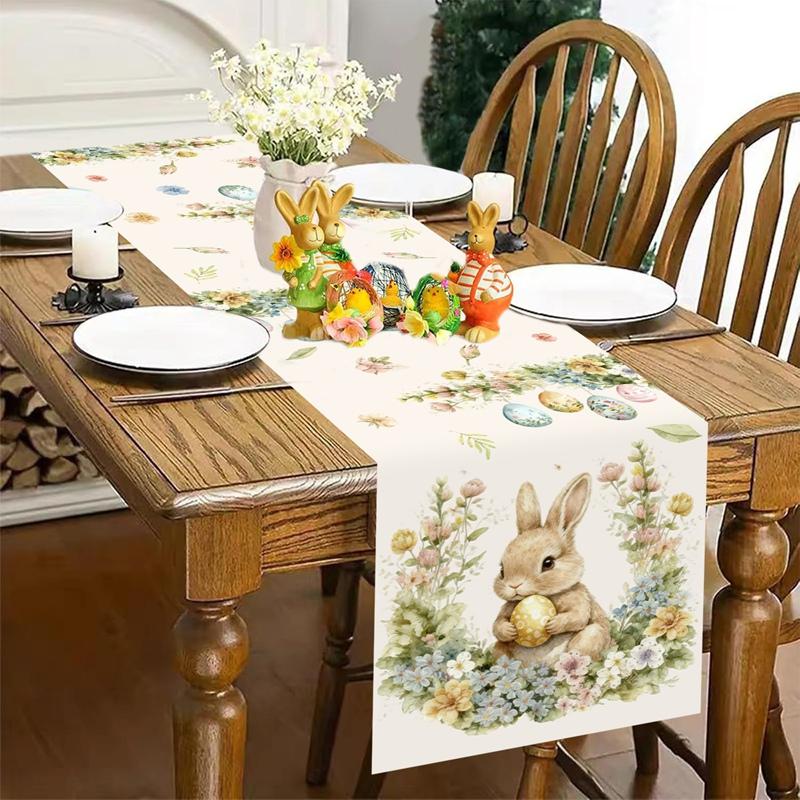 Vintage Easter Bunny Table Runner Polyester Rabbit Eggs Flower Table Cover Easter Decoration For Home Kitchen Dining Table Decor