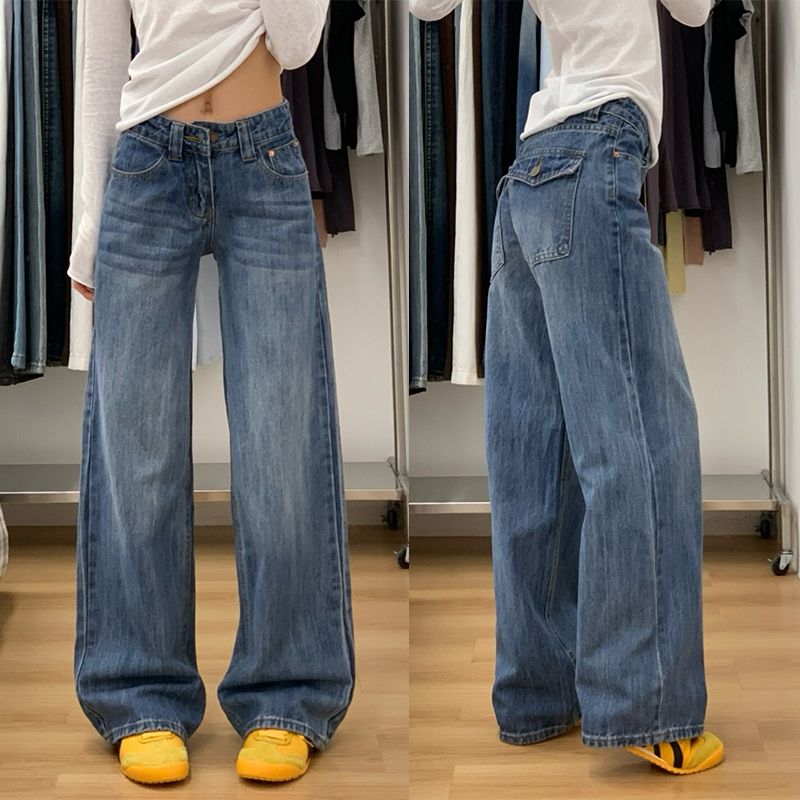 

American Sexy Low Waist Straight-leg Denim Women 2025 New Arrival Retro Washed Stylish Slim Looking Mop Wide Leg Pants Retro Blue [regular]] XS