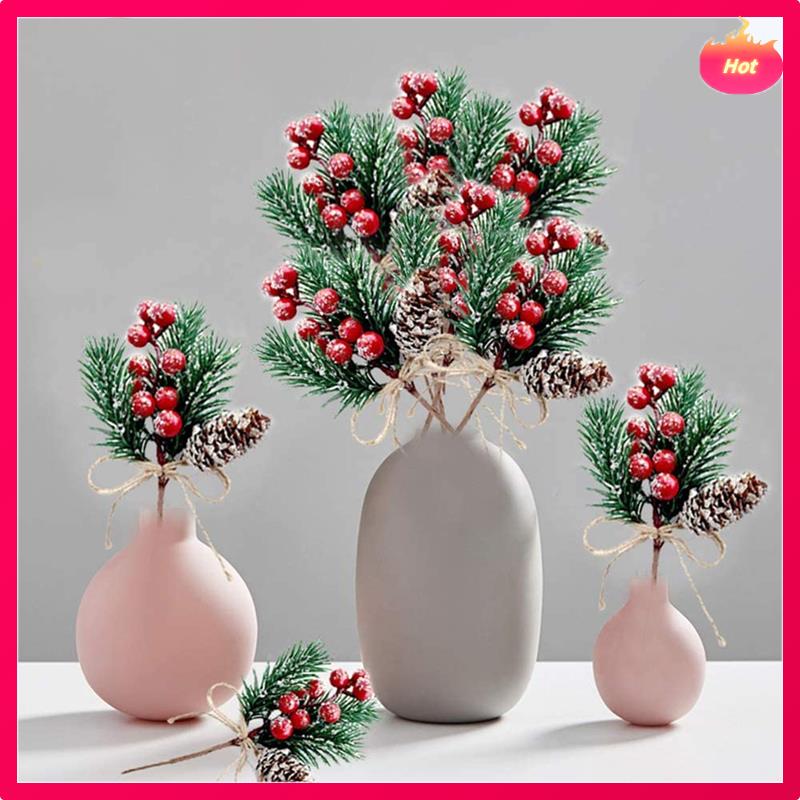 Red Berry Stems Pine Branches Evergreen Christmas Berries Decor 24 PCS Artificial Pine Cones Branch Craft Wreath Pick