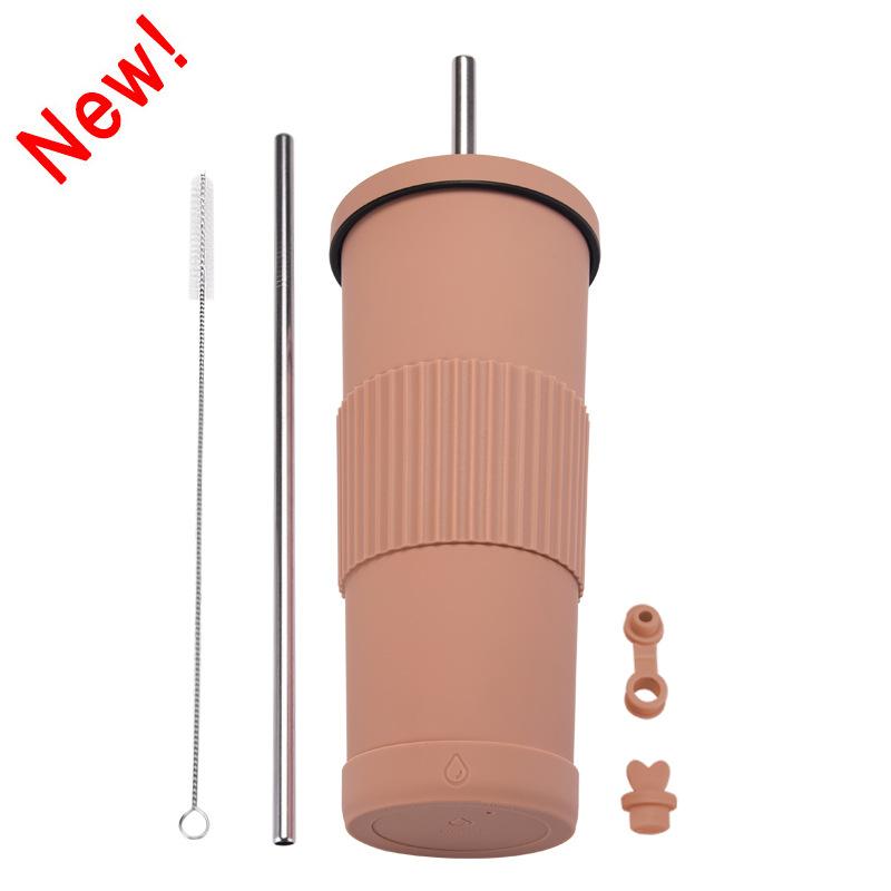 830Ml Stainless Steel Straw Cup Large Capacity Non-Slip Sleeve Straw Thermos Cup Simple Car Water Cup