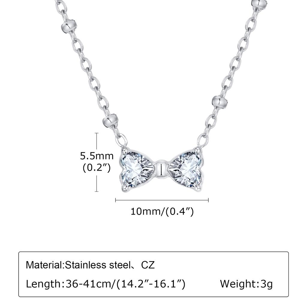 Stainless Steel Bead Chain Zircon Bow Necklace,Brilliant Cubic Zirconia Bow Pendant Necklace for Bridal Wedding Accessories