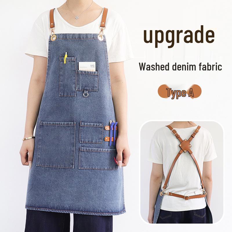 Washable Denim Apron: Durable Workwear for Coffee, Milk Tea, or Florist Shops with Custom Logo Option